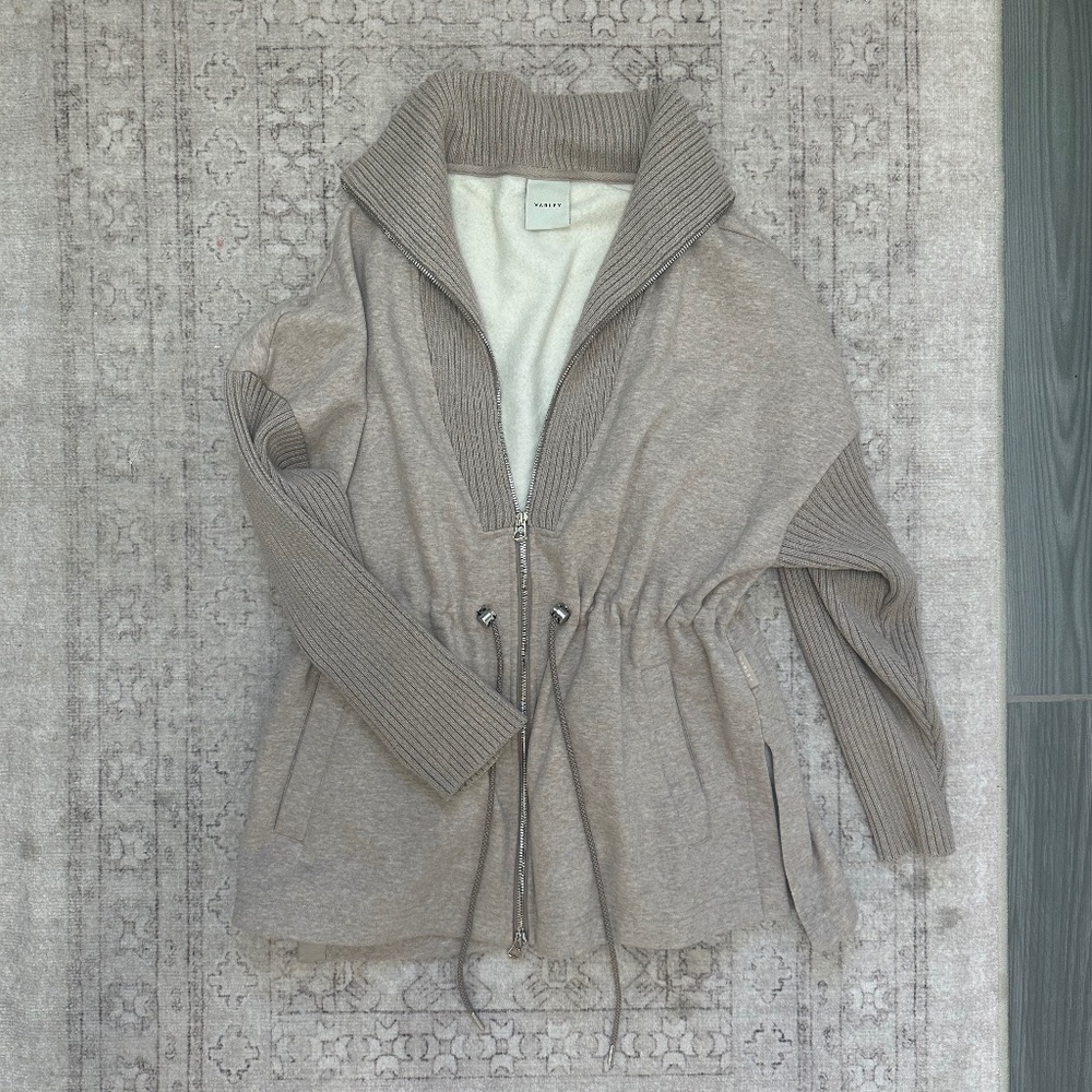 Varley Beige Zip-Up Drawstring Knit Hoodie